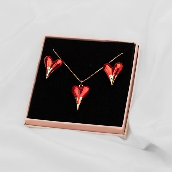 Set Cadena y Aretes en Baño de Oro Corazon goteado CR04