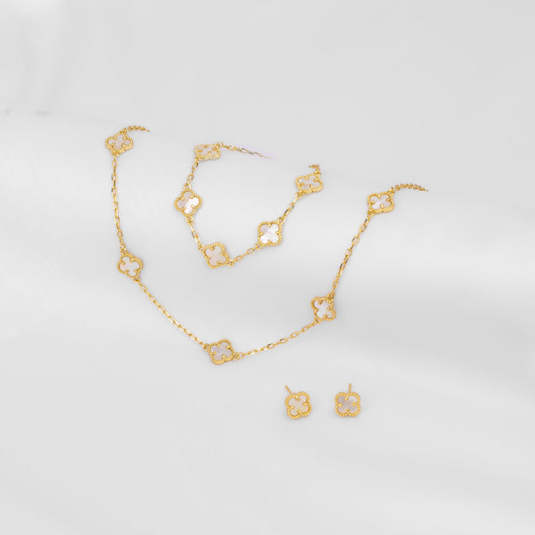 Set de Collar con aretes y Pulsera Dorados con Tréboles blanco liso VCAP-04