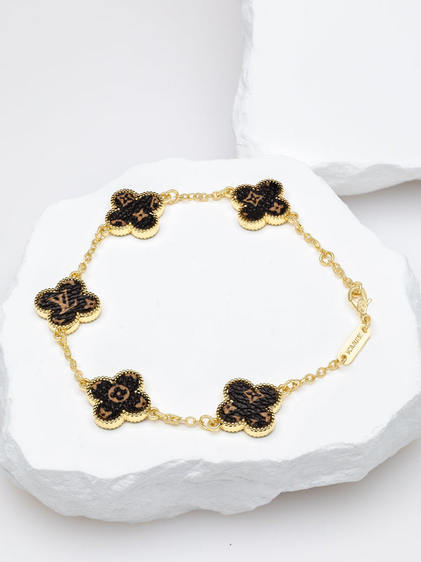 Pulsera oro laminado Trebol Leather Cafe VCP25
