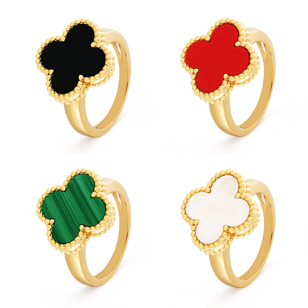 Set Anillos Tréboles Verde, Negro, Circonitas y Dorado VCAN22