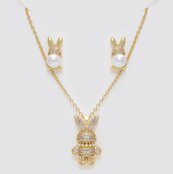 Set Collar Y Aretes Conejitos y Perlas LATSE58