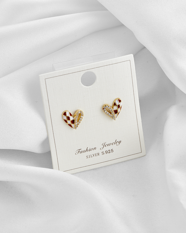 Aretes baño de oro corazon en circonitas y cuadros A38