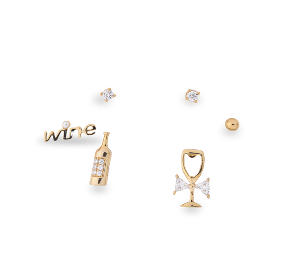 Set aretes  baño de oro champaña vino y copa A46