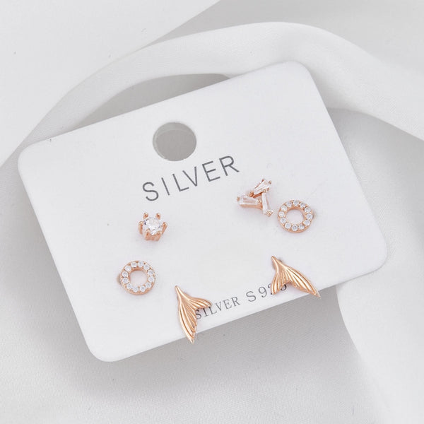 Set aretes  baño de oro x 3 aleta círculo y circonitas S3-26