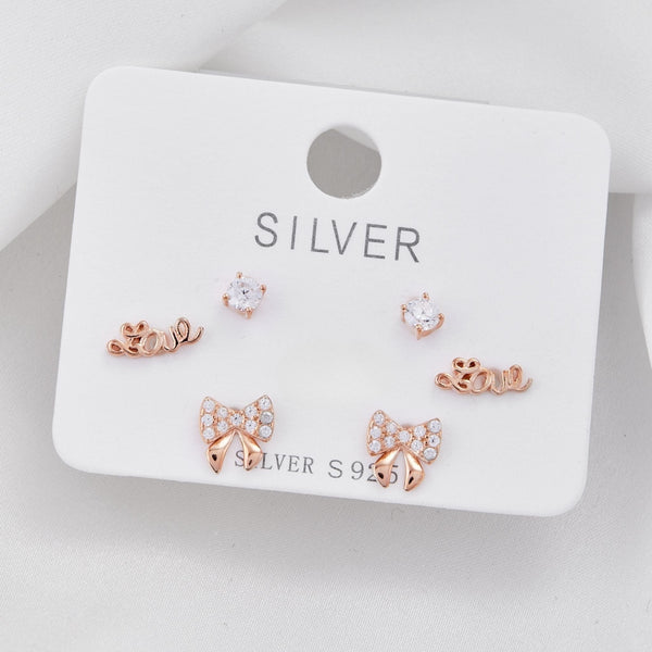 Set aretes baño de oro x 3 moñito, circonita love S3-27